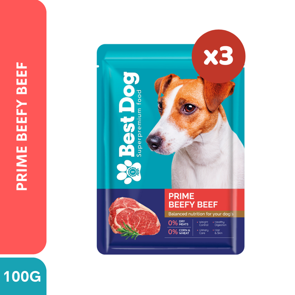 Best Dog Wet Dog Food Pouch 100g Prime Beefy Beef 3pcs | Complete & Balanced Adult Dog Food