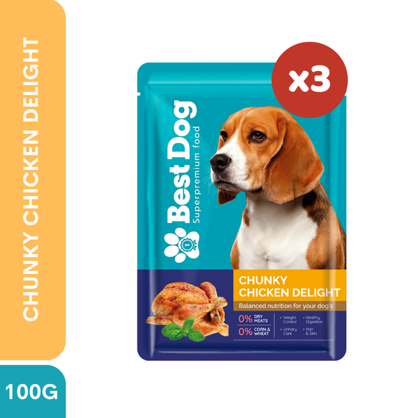 Best Dog Wet Dog Food Pouch 100g Chunky Chicken Delight 3pcs | Complete & Balanced Adult Dog Food
